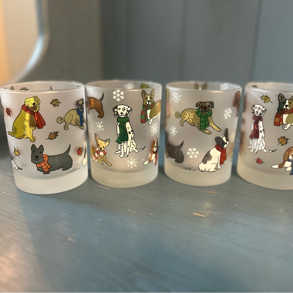 Alberto Culver signed Christmas Dogs Frosted Glasses 4” | Set of 4 collectible